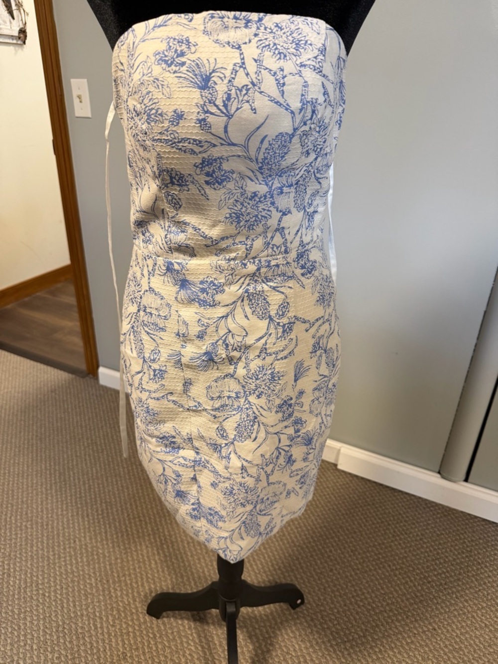 Blue & White Toile Strapless Mini Dress Lace Up Back NWT Size 4 Coastal Chic